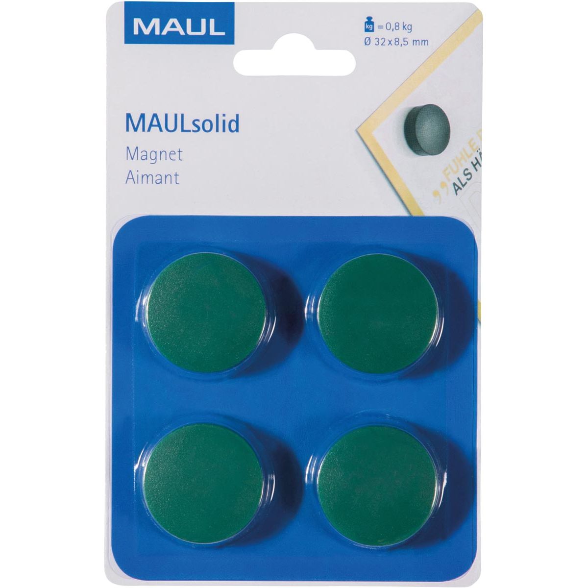 Maul -  magneet Solid, 32 mm, trekkracht 800 gr, blister van 4 stuks, groen