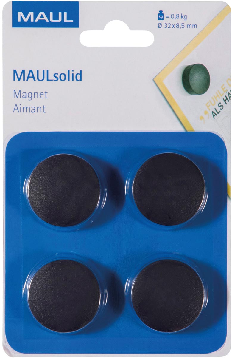 Maul - aimant solide, 32 mm, Tenskkracht 800 gr, cloque de 4 pièces, noir