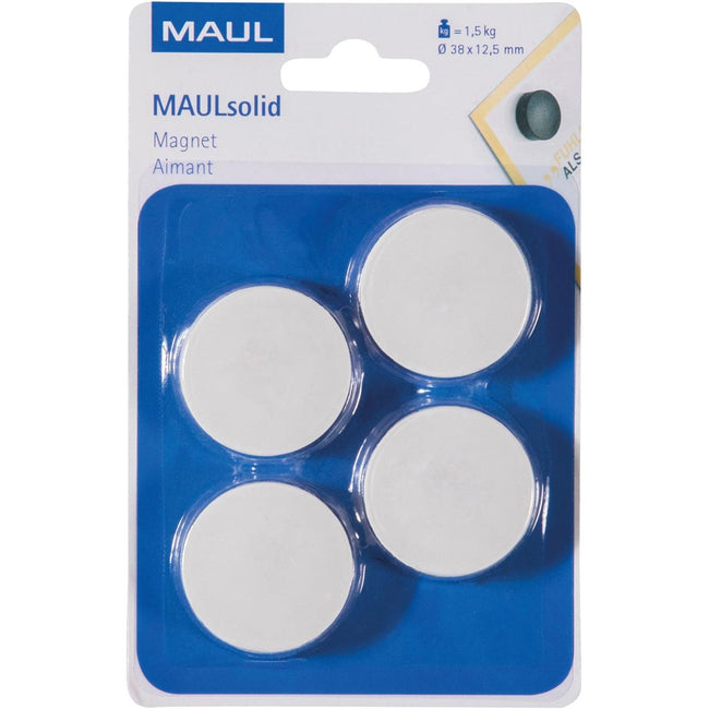 Maul - imán sólido, 38 mm, fuerza de tracción 1,5 kg, blíster de 4 piezas, blanco