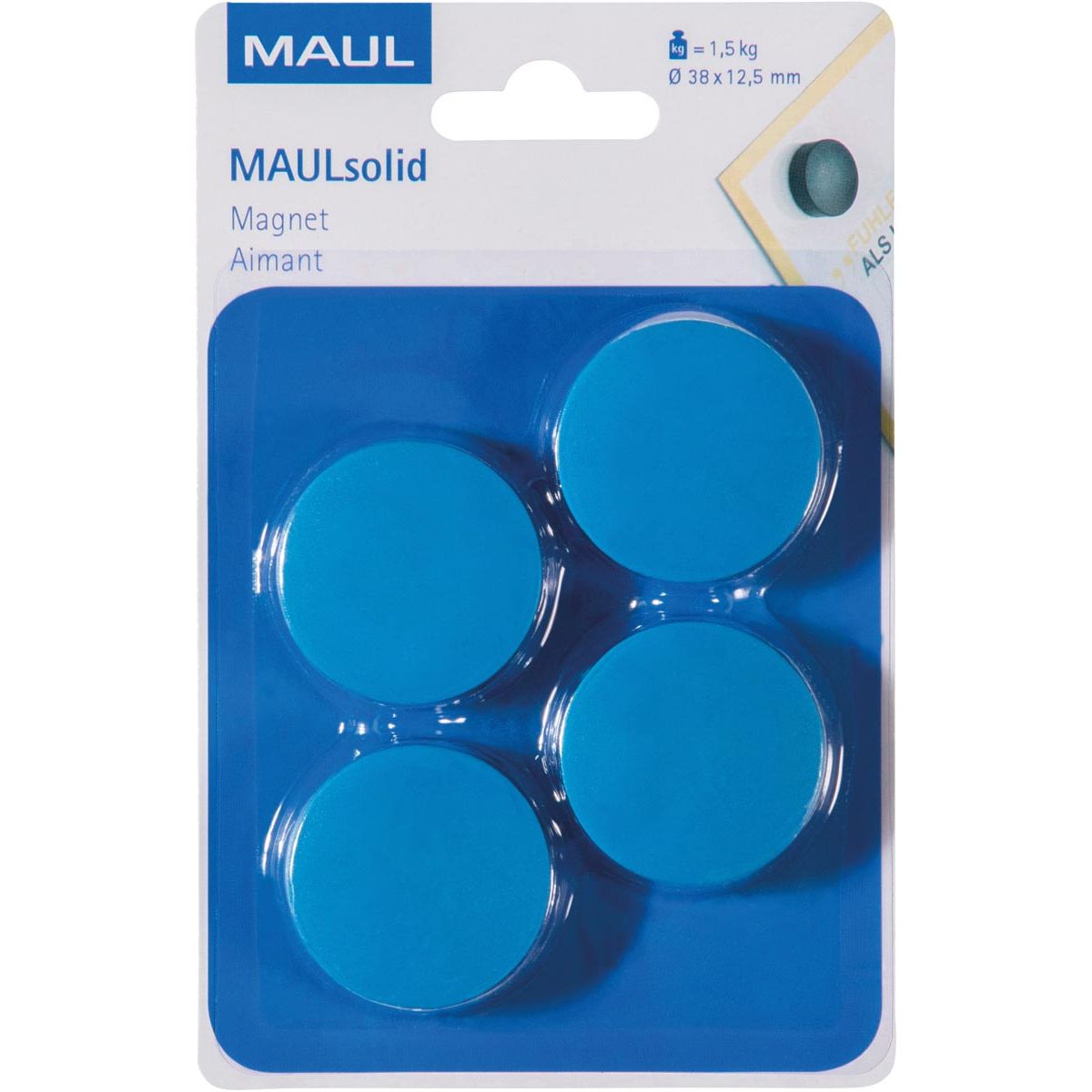 Maul -  magneet Solid, 38 mm, trekkracht 1,5 kg, blister van 4 stuks, blauw