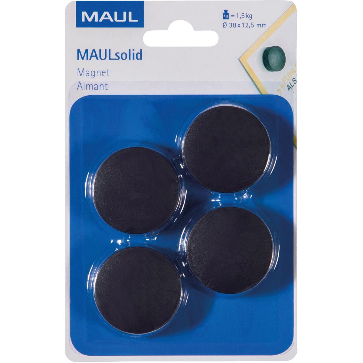 Maul - magnet Solid, 38 mm, pulling force 1.5 kg, blister of 4 pieces, black