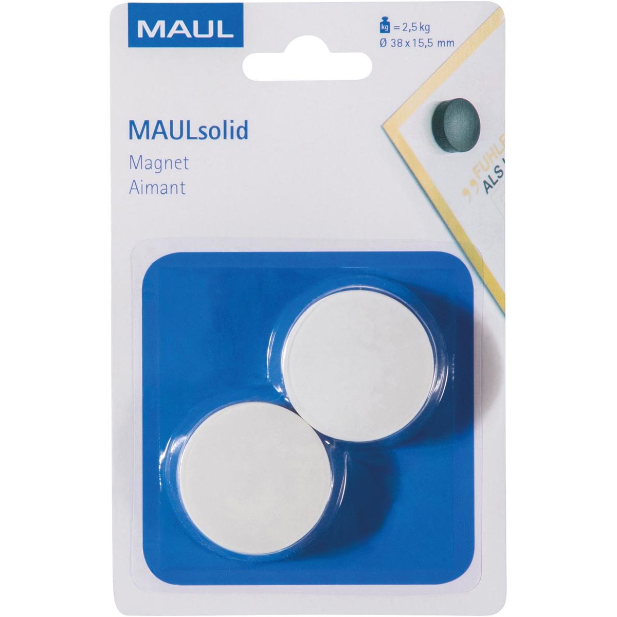 Maul -  magneet Solid, 38 mm, trekkracht 2,5 kg, blister van 2 stuks, wit