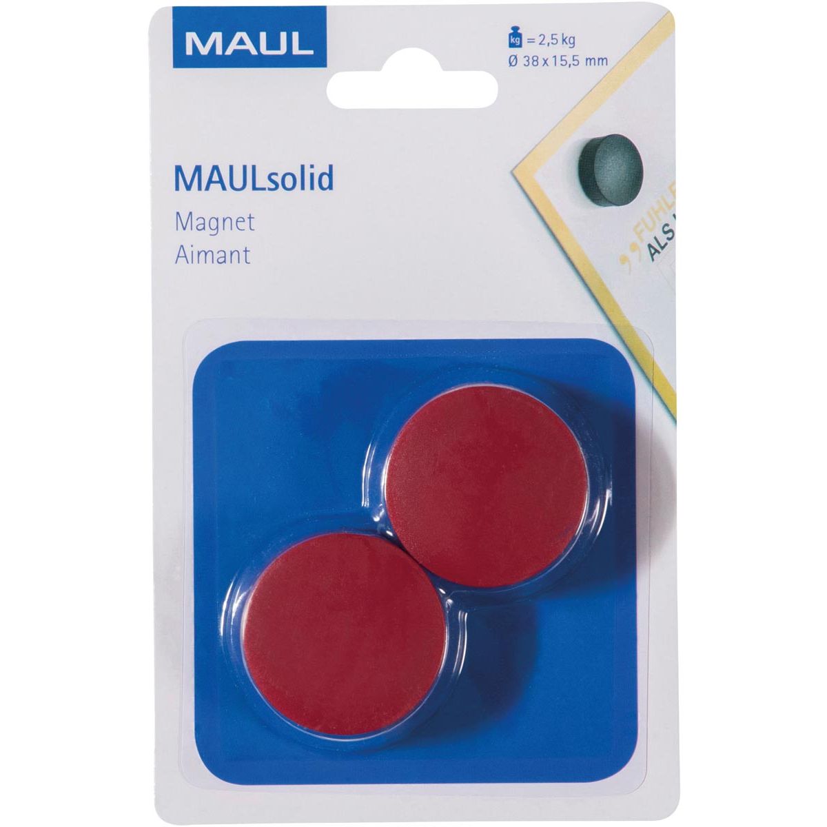 Maul - magnete Solido, 38 mm, forza di trazione 2,5 kg, blister da 2 pezzi, rosso