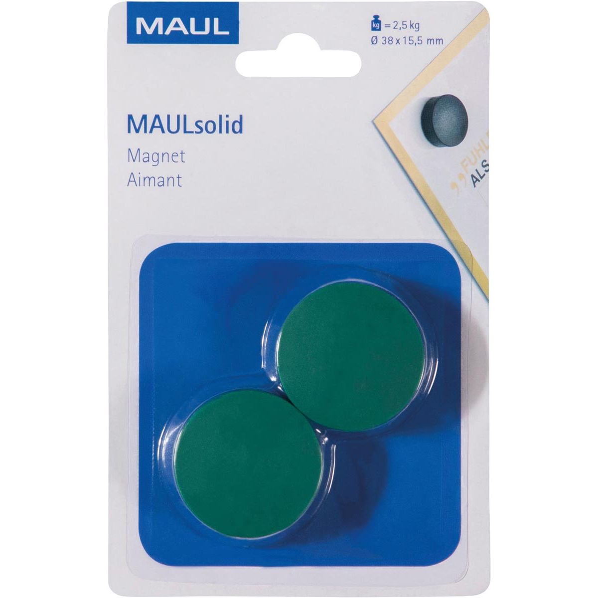 Maul - magnete Solido, 38 mm, forza di trazione 2,5 kg, blister da 2 pezzi, verde