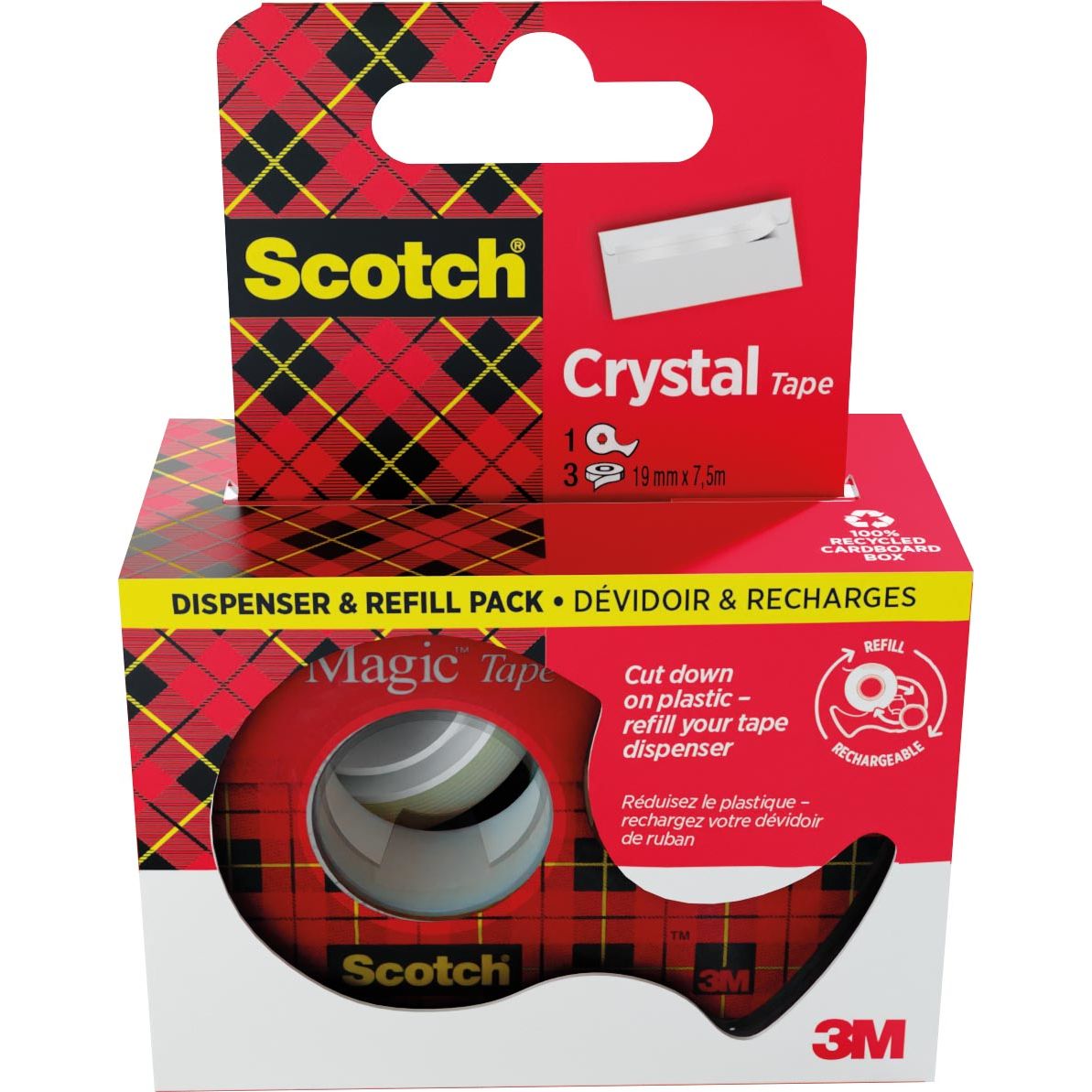 Scotch - Nastro adesivo Crystal e ft 19 mm x 7,5 mt, dispenser + 3 rotoli, scatola appendibile