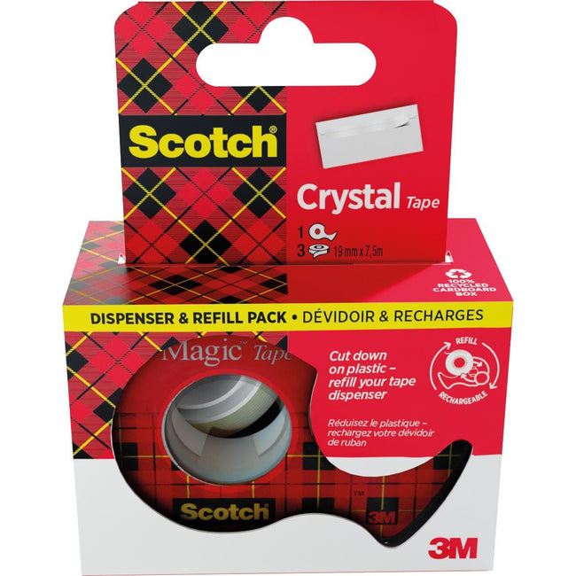 Scotch - Nastro adesivo Crystal e ft 19 mm x 7,5 mt, dispenser + 3 rotoli, scatola appendibile