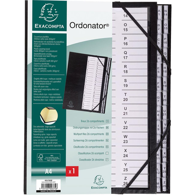 Exacompta - Sortiermappe Ordonator mit Hardcover, bedruckten alphabetischen Reitern, 26 Fächer, schwarz