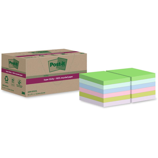Post-it -  Super Sticky Notes Recycled, 70 vel, ft 47,6 x 47,6 mm, assorti, pak van 12 blokken