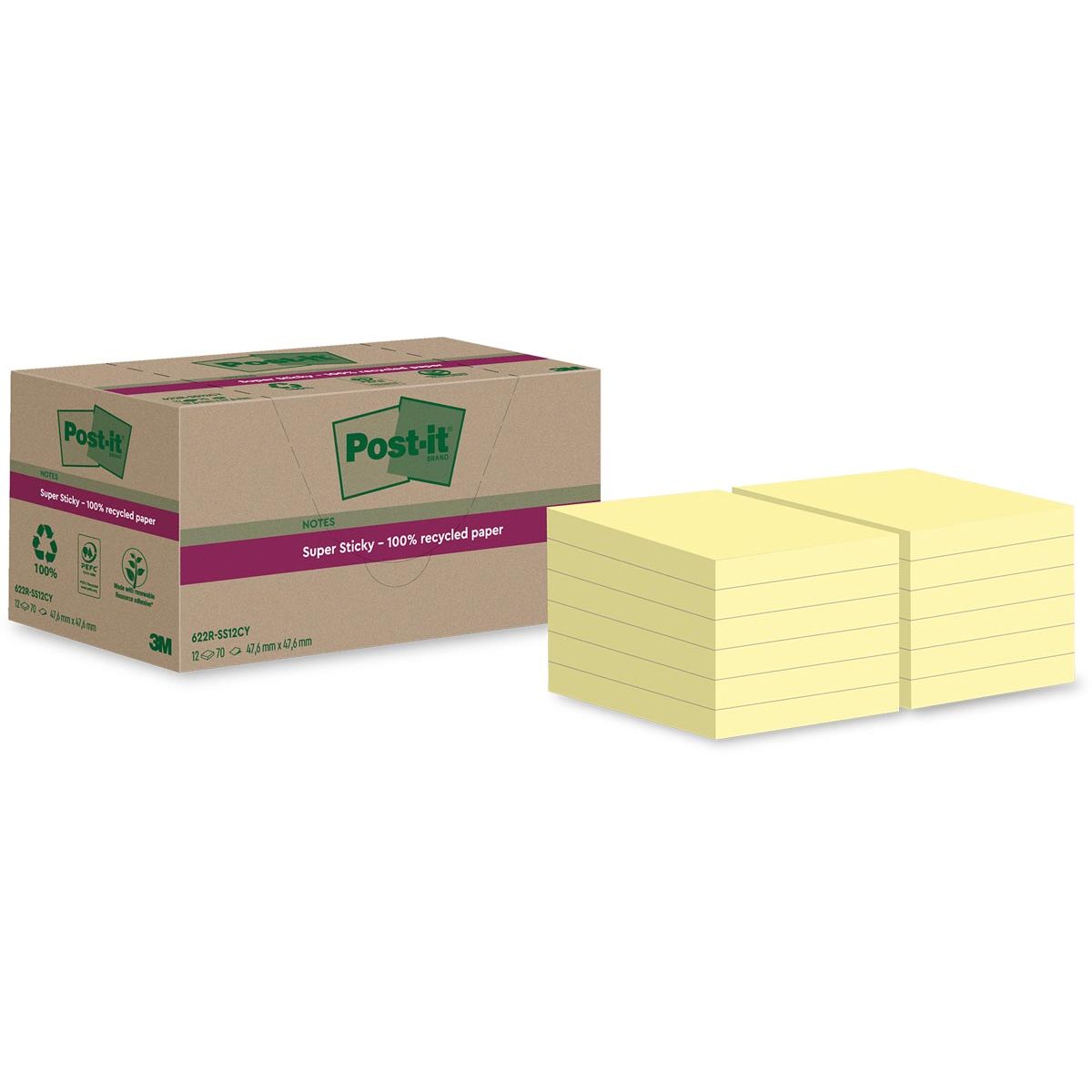 Post-it Super Sticky -  Super Sticky Notes Recycled, 70 vel, ft 47,6 x 47,6 mm, geel, pak van 12 blokken