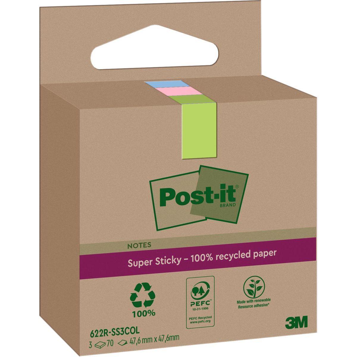 Post-it Super Sticky -  Super Sticky Notes Recycled, 70 vel, ft 47,6 x 47,6 mm, assorti, pak van 3 blokken