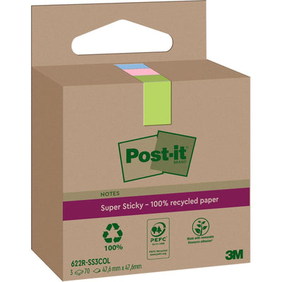 Post-it Super Sticky -  Super Sticky Notes Recycled, 70 vel, ft 47,6 x 47,6 mm, assorti, pak van 3 blokken