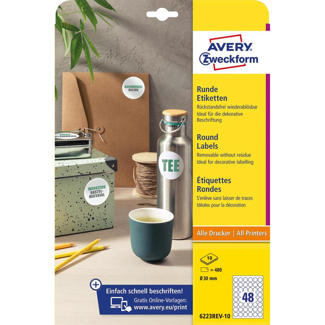 Avery Zweckform -  Zweckform ronde etiketten, diameter 30 mm, wit, afneembaar, 480 etiketten, 10 vellen
