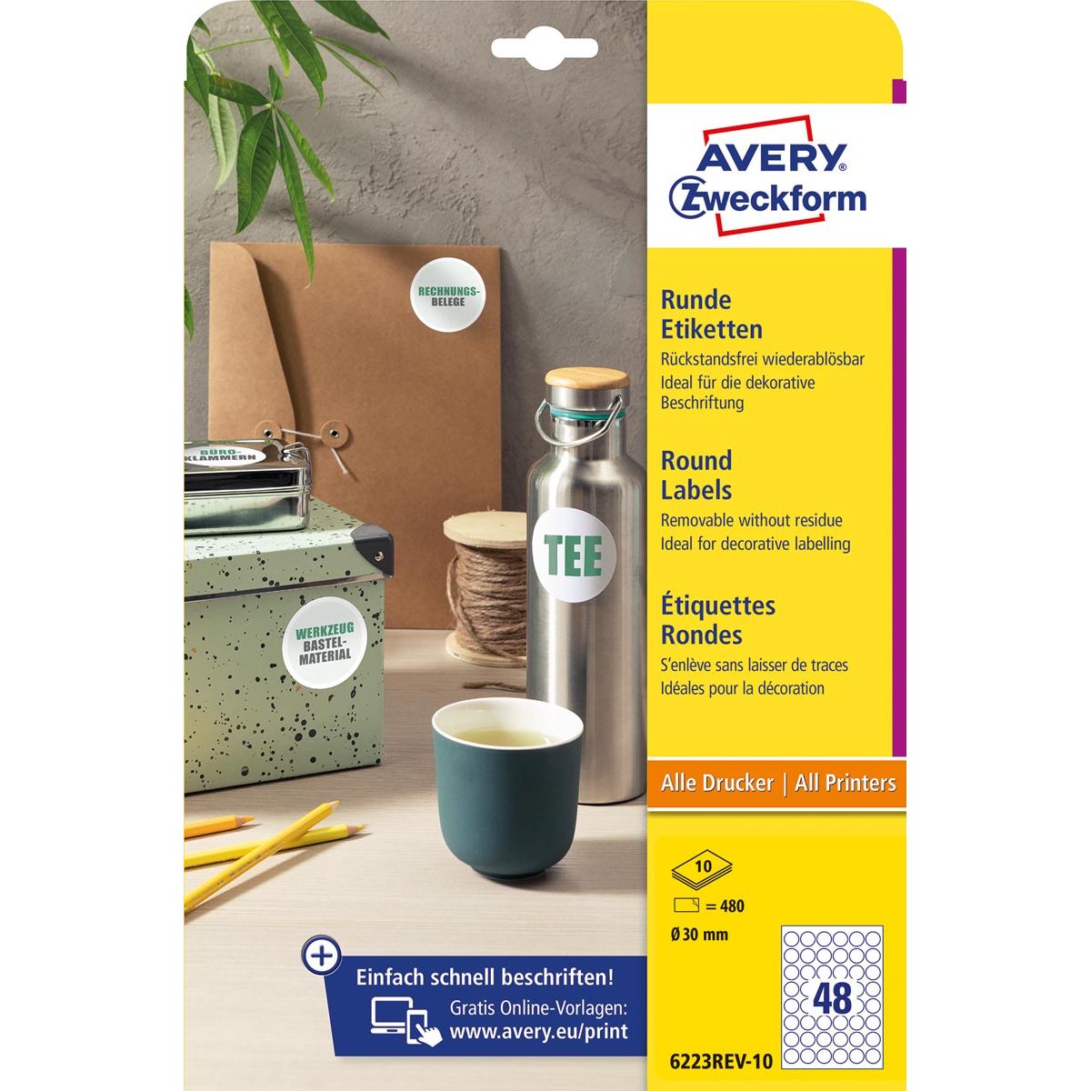 Avery Zweckform - Zweckform runde Etiketten, Durchmesser 30 mm, weiß, ablösbar, 480 Etiketten, 10 Blatt