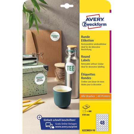 Avery Zweckform - Etiquetas redondas Zweckform, diámetro 30 mm, blanco, extraíble, 480 etiquetas, 10 hojas