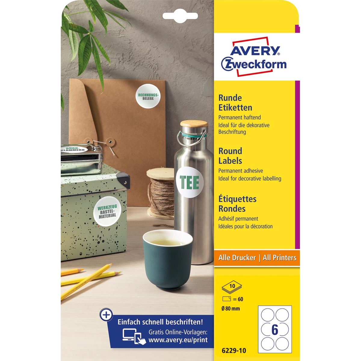 Avery Zweckform -  Zweckform ronde etiketten, diameter 80 mm, wit, permanent klevend, 60 etiketten, 10 vellen