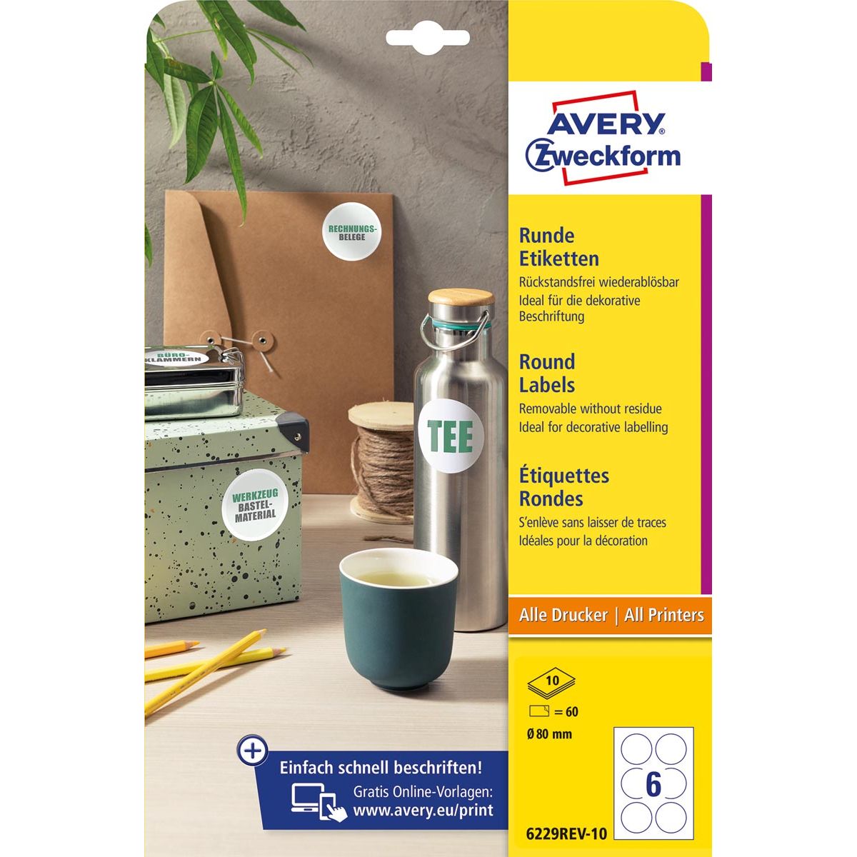 Avery Zweckform - Zweckform round labels, diameter 80 mm, white, removable, 60 labels, 10 sheets