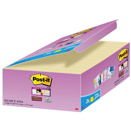 Post-it - Notas Super Sticky, 90 hojas, pies 47,6 x 47,6 mm, amarillo, paquete de 21 + 3 GRATIS