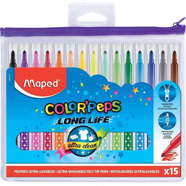 Mappé - Felt -tip Pen Maped Colormepps longue durée de vie 15 couleurs | Endui une pièce de 15