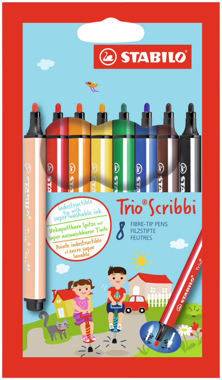 Stabilo -  Trio Scribbi, driekantige viltstift met meeverende punt, etui met 8 kleuren