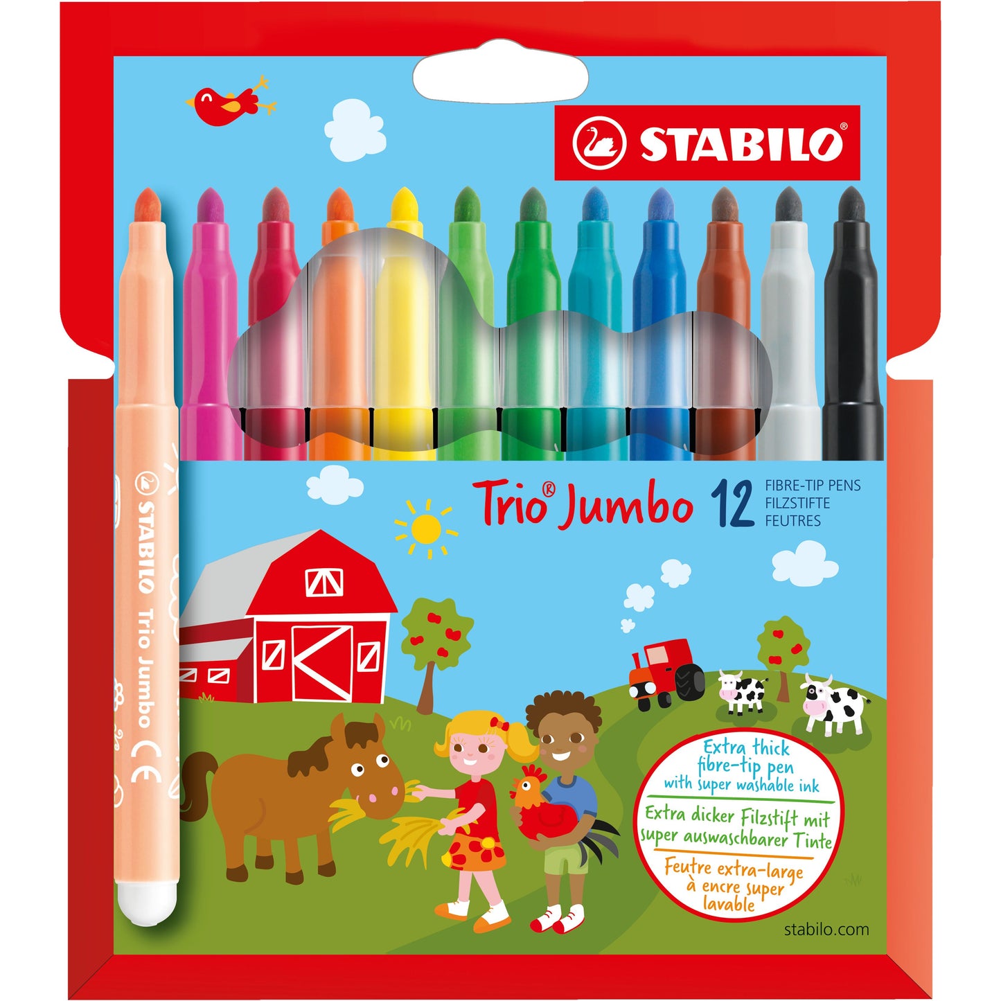 Stabilo -  Trio , viltstift, met extra dikke punt 3.0 mm, etui met 12 kleuren