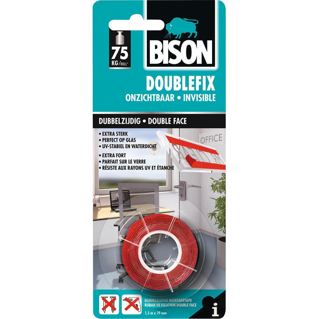 Bison -   dubbelzijdige plakband, ft 19 mm x 1,5 m, transparant