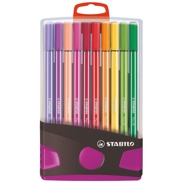 STABILO - Pen 68 brush, ColorParade, lila-grijze doos, 20 stuks in geassorteerde kleuren