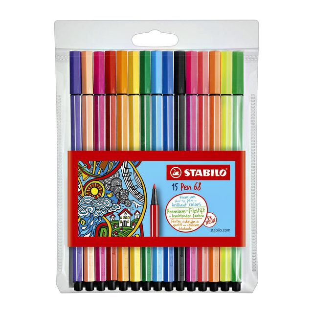 STABILO - Pen 68 viltstift, etui van 15 stuks in geassorteerde kleuren