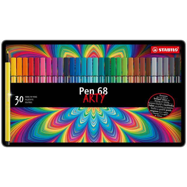 Stabilo - Pen 68 Felt -Tip Pen, boîte en métal de 30 marqueurs en couleurs assorties