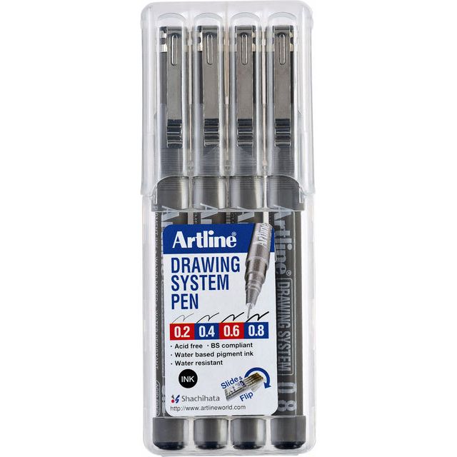 Artline-Fineliner Artline Technisch 0.2-0.4-0.6-0.8mm ZW | Enui un 4 pièces