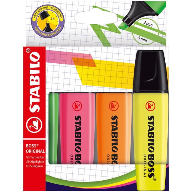 STABILO - BOSS ORIGINAL markeerstift, etui van 4 stuks in geassorteerde kleuren