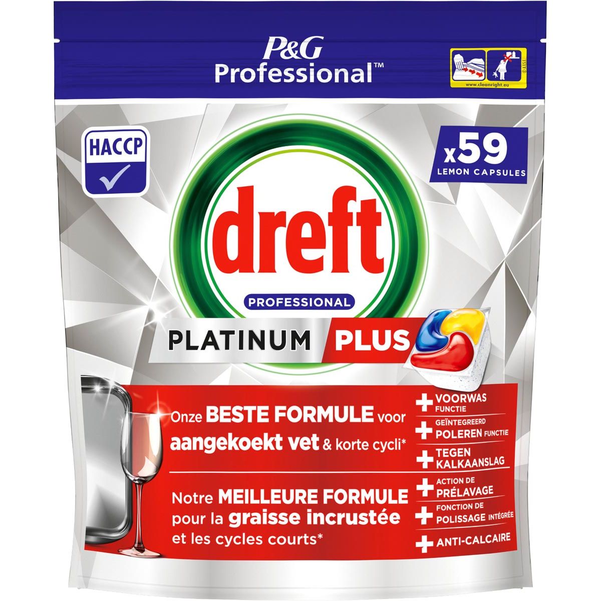 Dreft - vaatwasmiddel Platinum Plus Lemon, pak van 59 capsules