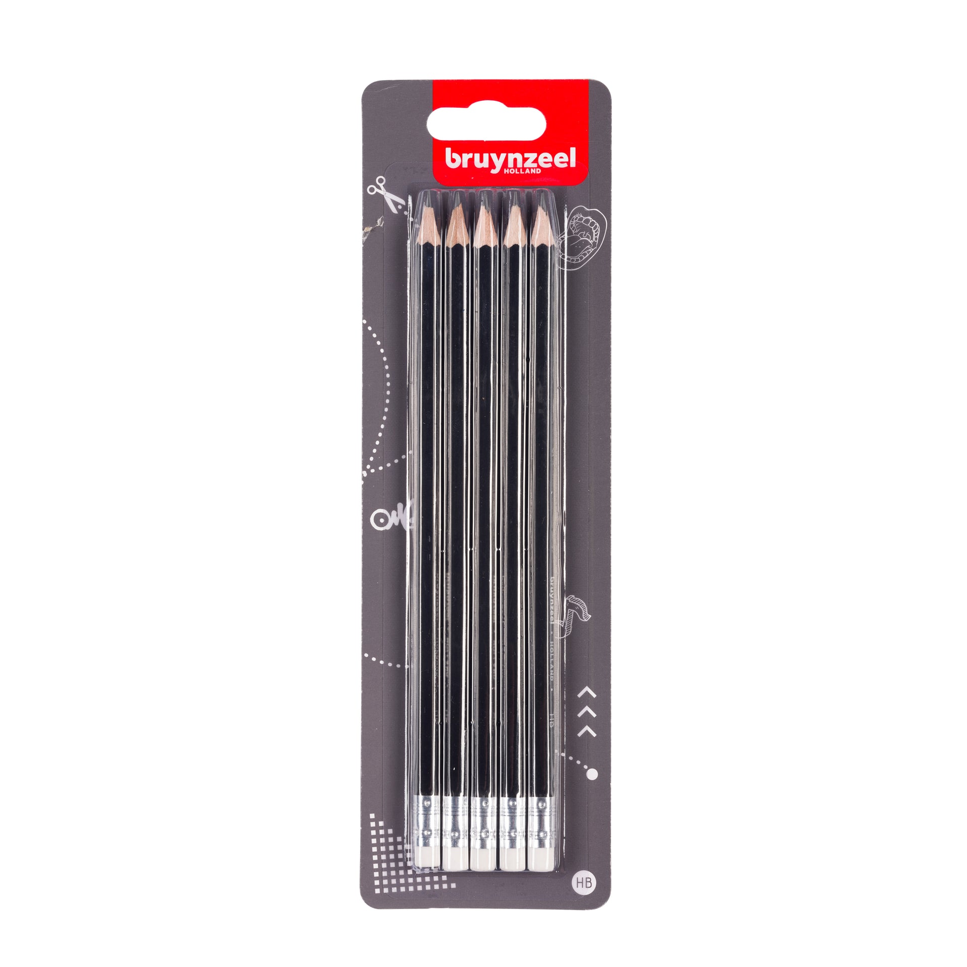 Bruynzeel - Graphitstift Teens HB mit Radiergummi Blister à 5 Stück grau | 12 Stück
