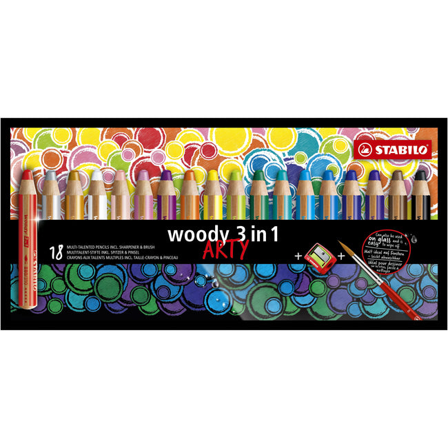 Stabilo - Lápices de colores 880 woody 3 en 1 Arty + sacapuntas+pincel culo 18uds | 2 piezas
