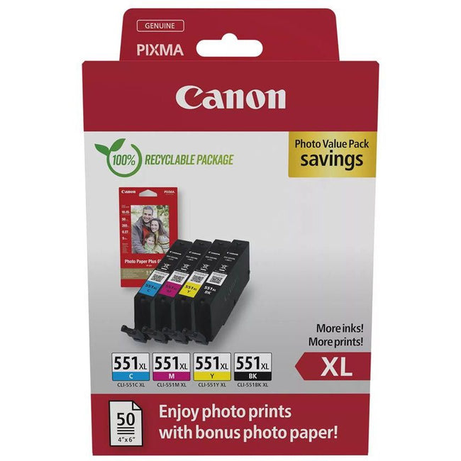 Canon - paquete económico de fotografías CLI-551XL, 660 páginas, OEM 6443B008, 4 colores