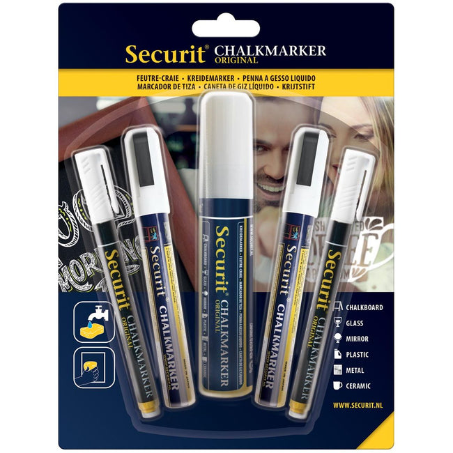 Securit -  krijtmarker wit, etui met 5 stuks in geassorteerde diktes