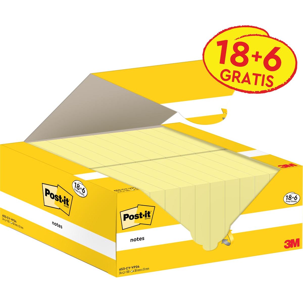 Post-it -  Notes, 100 vel, ft 38 x 51 mm, kanariegeel (canary yellow), 18 blokken + 6 GRATIS