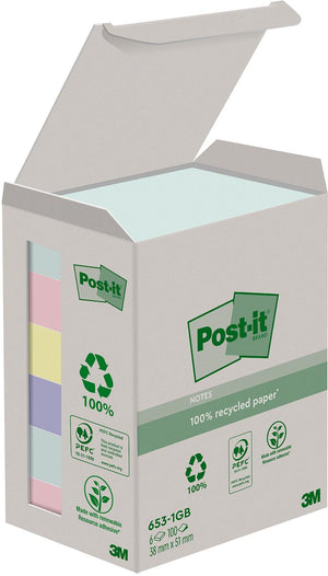 Post-it recycled notes -  recycled notes Nature, 100 vel, ft 38 x 51 mm, pak van 6 blokken, geassorteerde kleuren