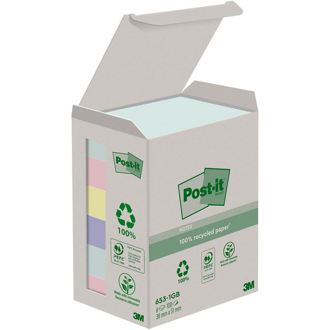 Post-it - recycled notes Nature, 100 vel, ft 38 x 51 mm, pak van 6 blokken, geassorteerde kleuren