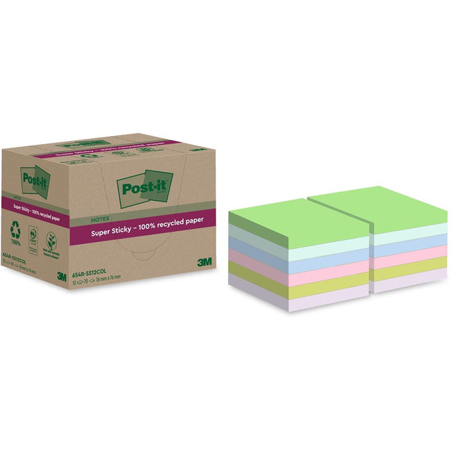 Post-it -  Super Sticky Notes Recycled, 70 vel, ft 76 x 76 mm, assorti, pak van 12 blokken