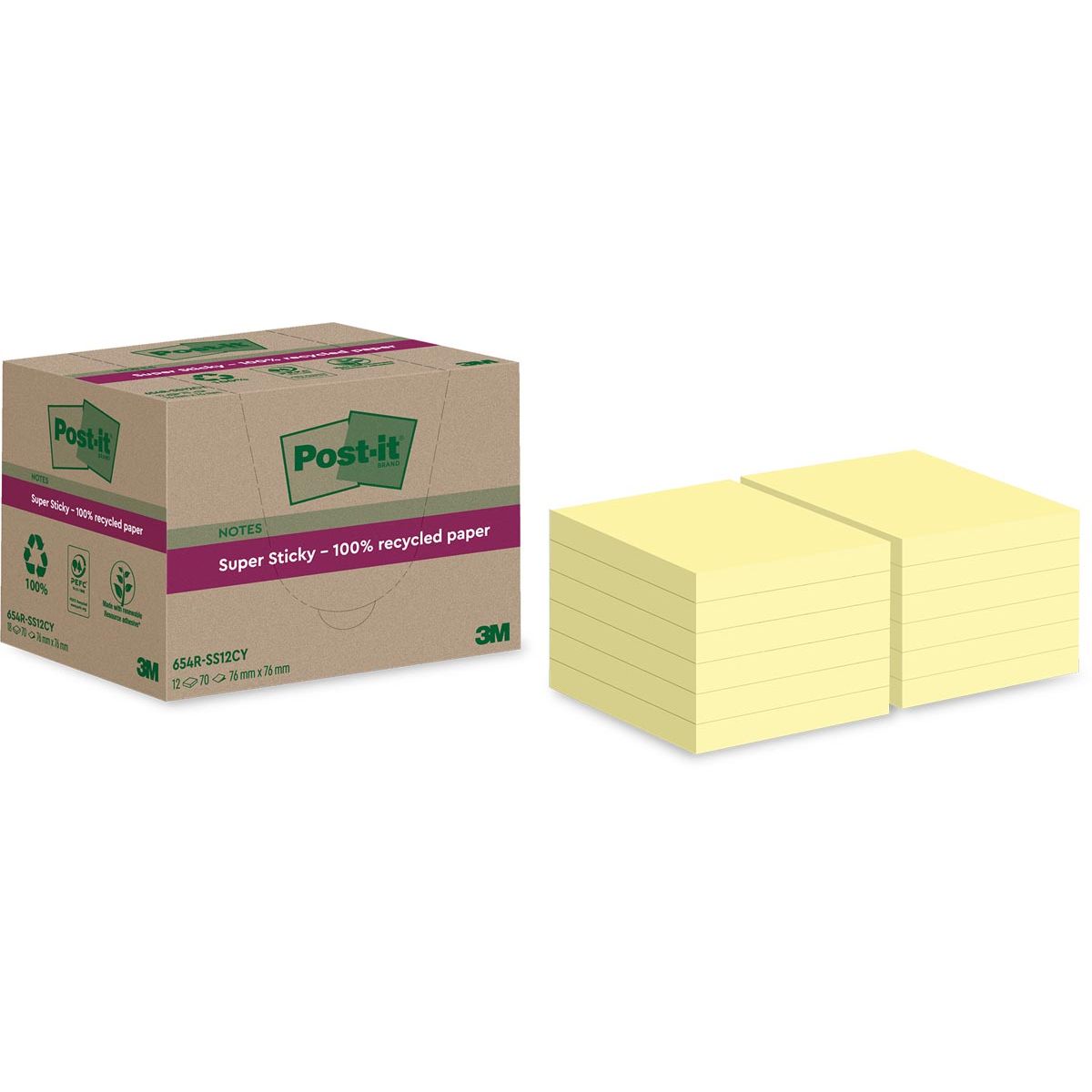 Post-it - Bloc mémo Super Sticky 654 RSS12CY recyclé 76x76mm jaune canari 12 pièces