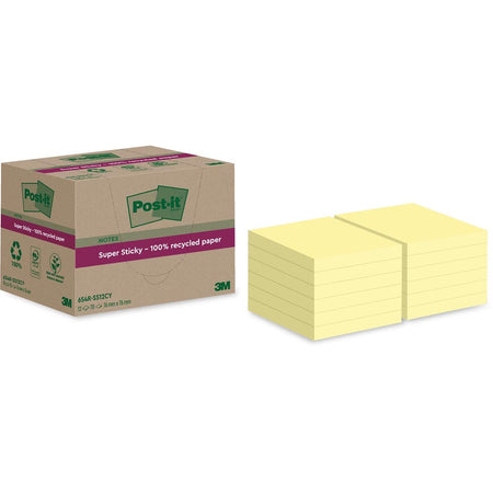Post-it - Bloc mémo Super Sticky 654 RSS12CY recyclé 76x76mm jaune canari 12 pièces
