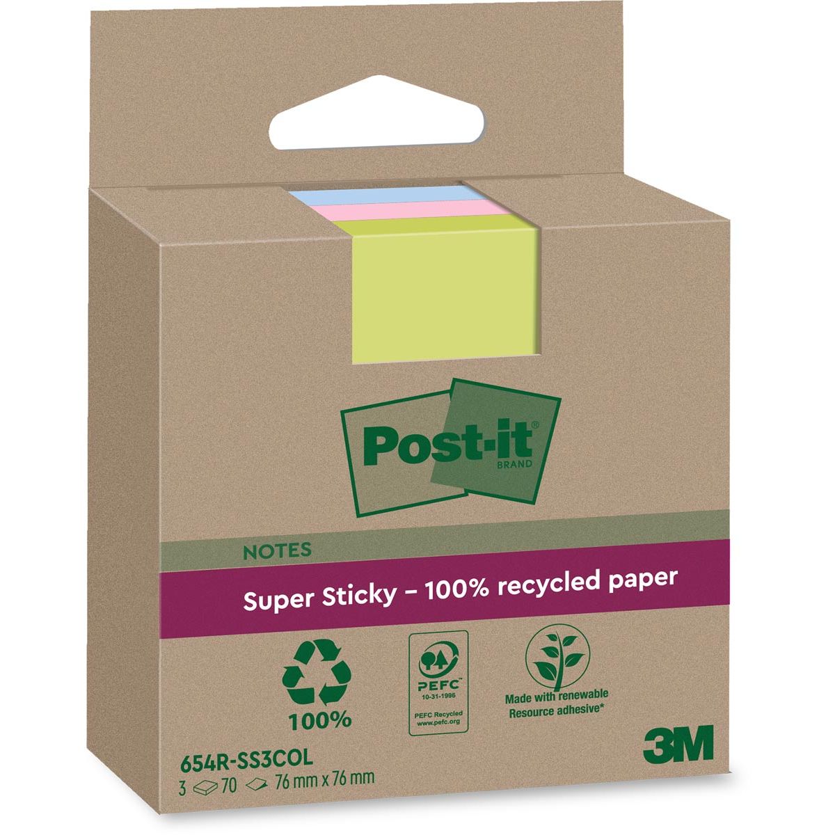 Post-it Super Sticky - Super Sticky Notes Recycled, 70 sheets, ft 76 x 76 mm, assorted, pack of 3 pads