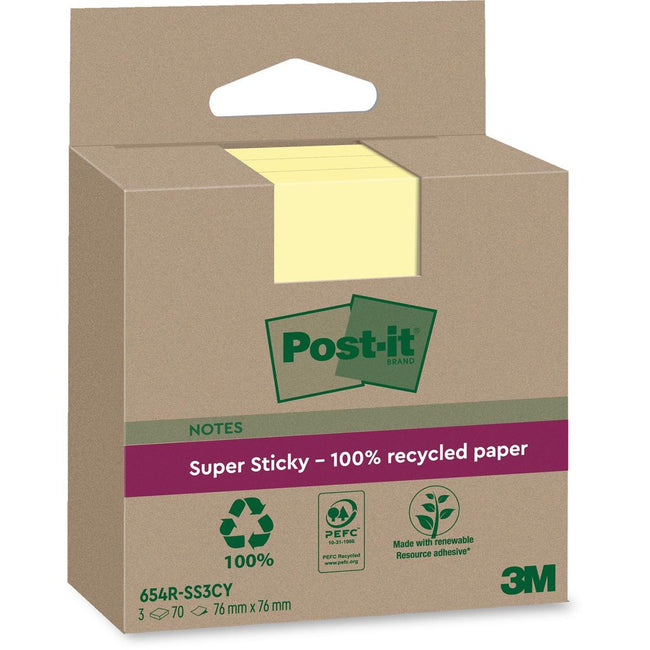 Post-it -  Super Sticky Notes Recycled, 70 vel, ft 76 x 76 mm, geel, pak van 3 blokken