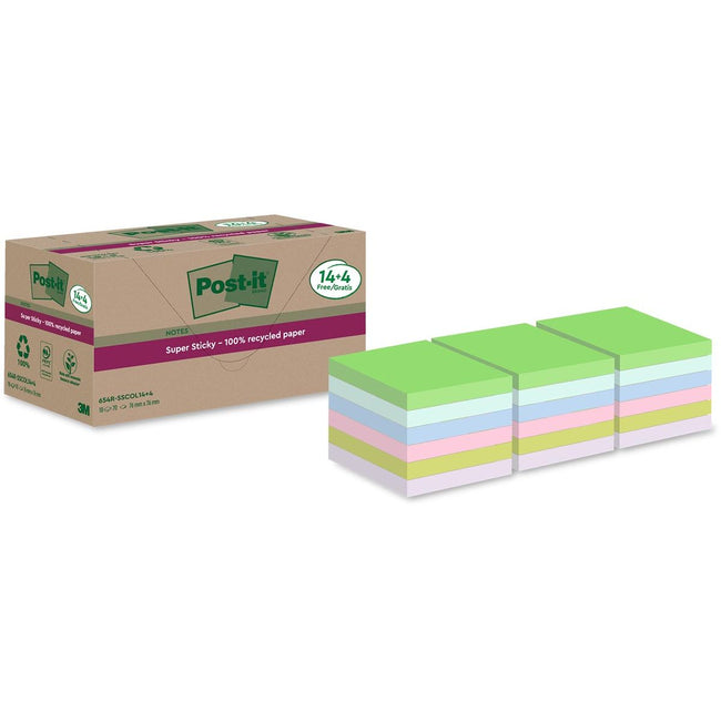 Post-it -  Super Sticky Notes Recycled, 70 vel, ft 76 x 76 mm, assorti, 14 + 4 GRATIS
