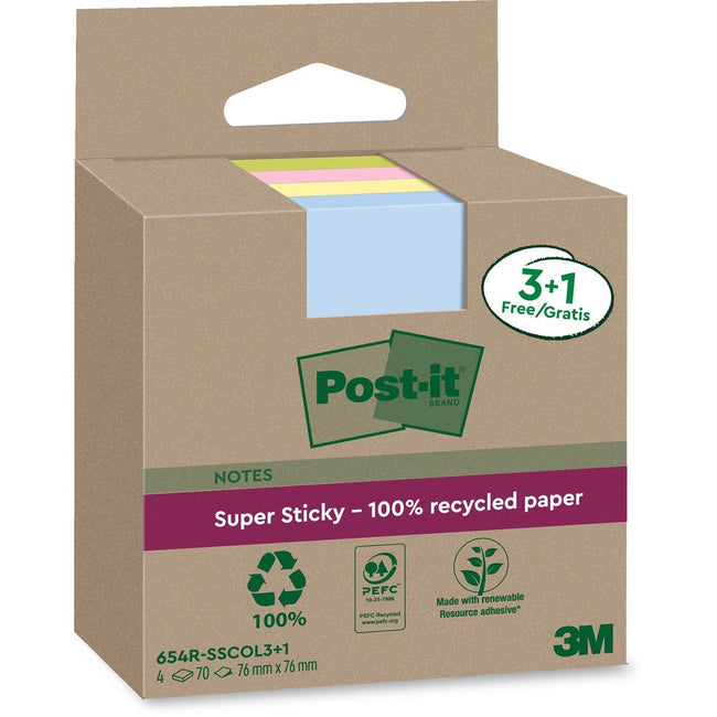 Post-it -  Super Sticky Notes Recycled, 70 vel, ft 76 x 76 mm, assorti, 3 + 1 GRATIS