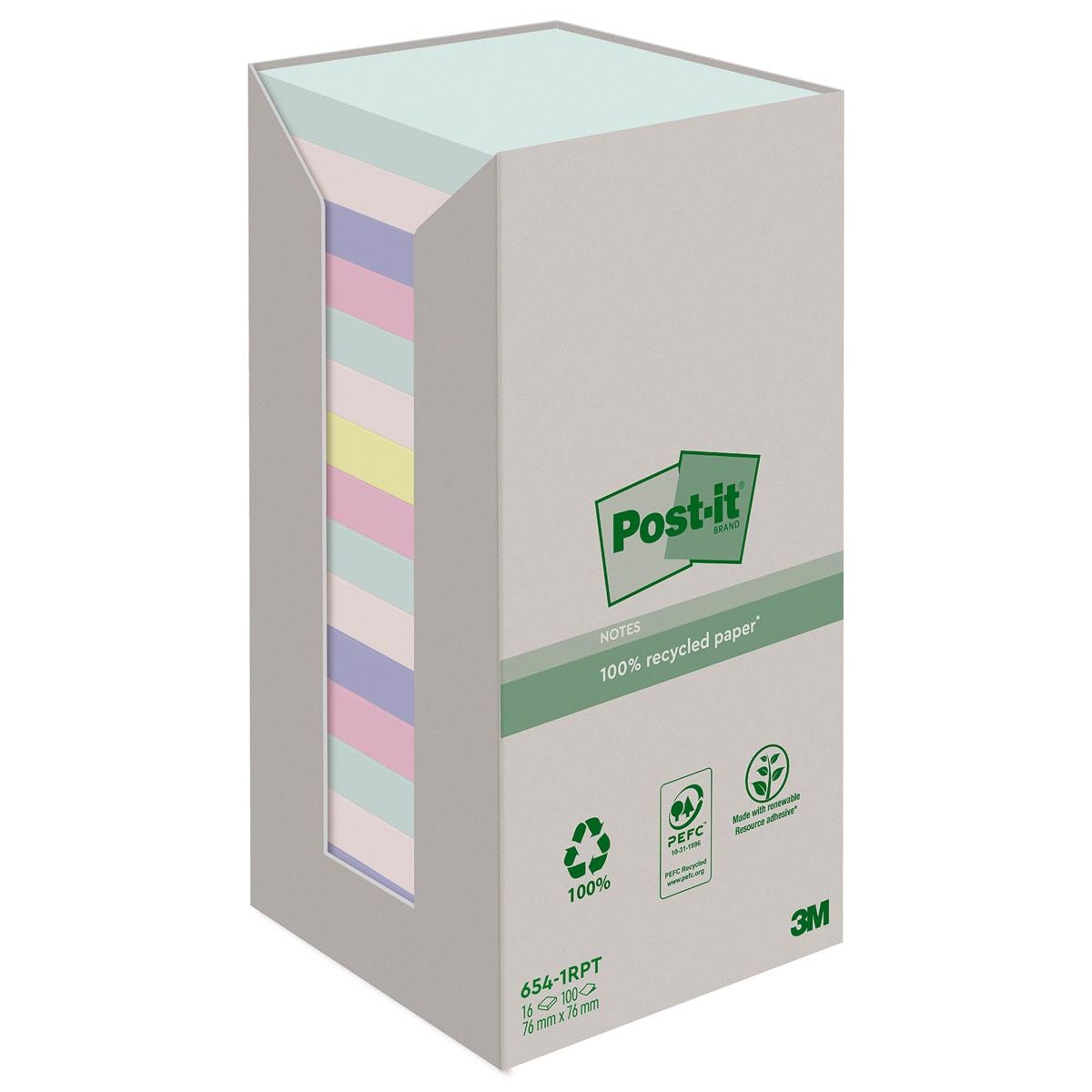 Post-it recycled notes -  recycled notes Nature, 100 vel, ft 76 x 76 mm, pak van 16 blokken, geassorteerde kleuren