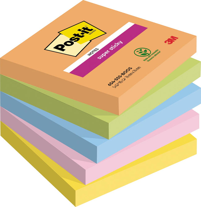 Post-it - Super Sticky notes Boost, 90 vel, ft 76 x 76 mm, geassorteerde kleuren, pak van 5 blokken