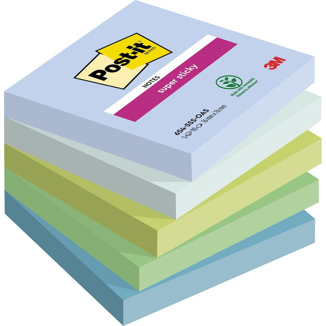 Post-it -  Super Sticky notes Oasis, 90 vel, ft 76 x 76 mm, geassorteerde kleuren, pak van 5 blokken