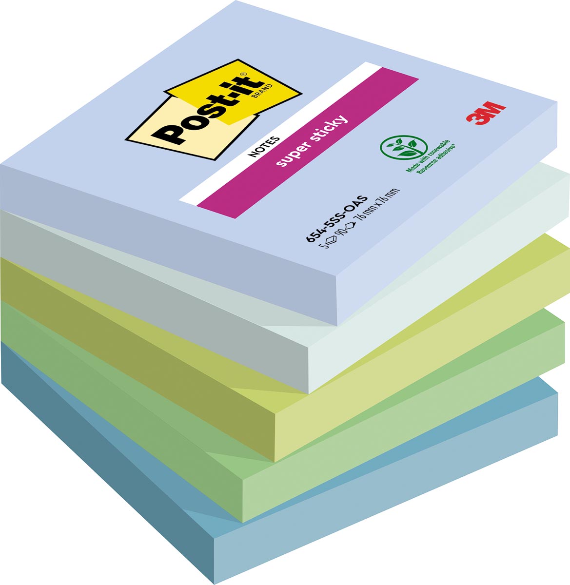 Post-it - Super Sticky notes Oasis, 90 vel, ft 76 x 76 mm, geassorteerde kleuren, pak van 5 blokken