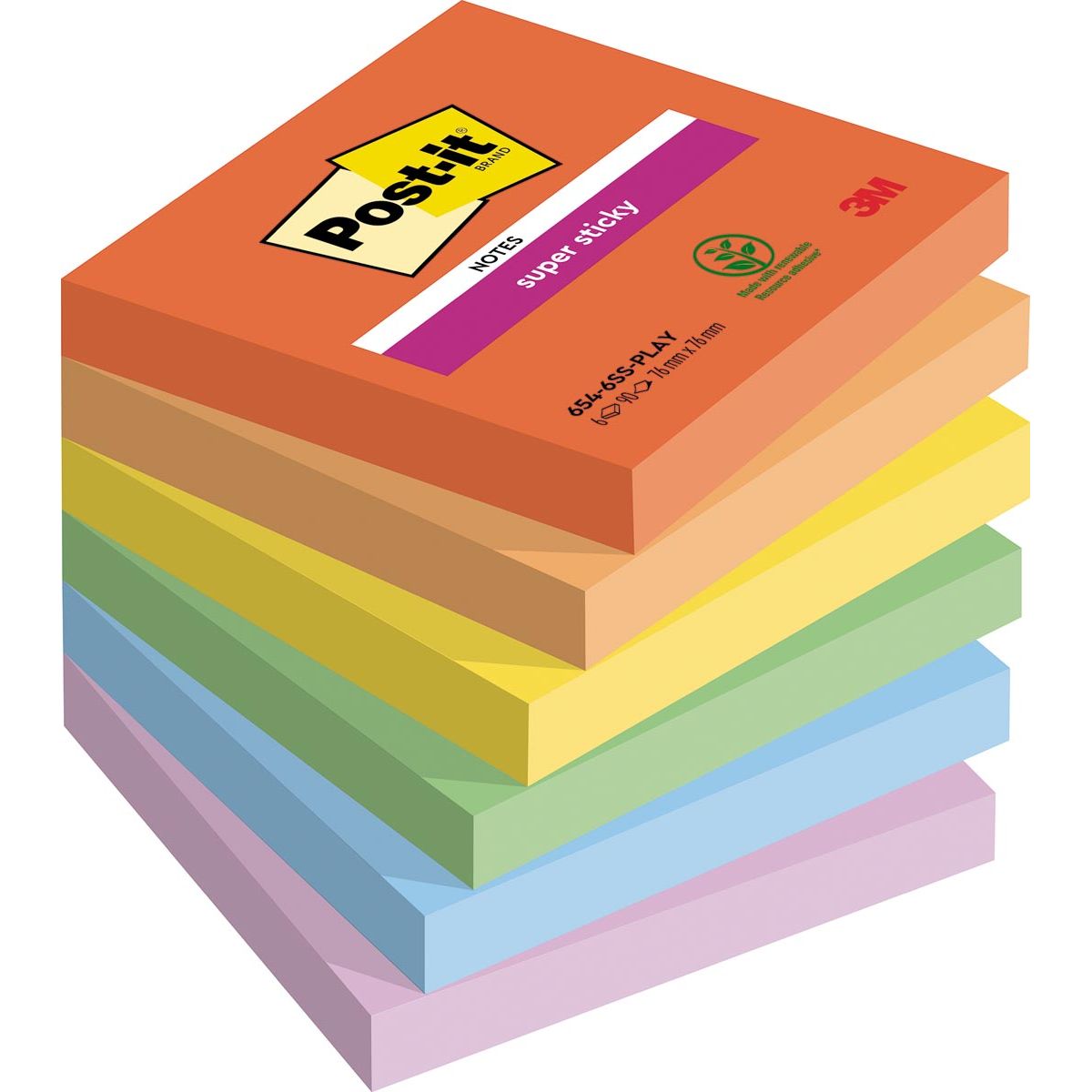 Post-it -  Super Sticky Notes Playful, 90 vel, ft 76 x 76 mm, geassorteerde kleuren, pak van 6 blokken
